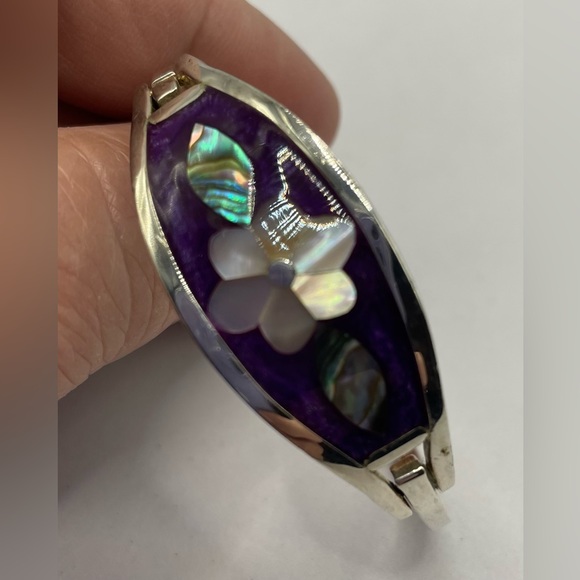 Vintage Signed Alpaca Mexico Silver Inlaid Flower Bangle Bracelet Child - Picture 4 of 9